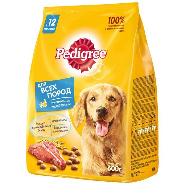 Сухой полнорационный корм PEDIGREE для взрослых собак всех пород, с говядиной, 600г