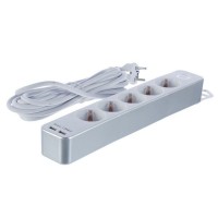 Удлинитель с заземлением на 5 розеток, 5 м, кнопка, 2 USB, цвет серебро
