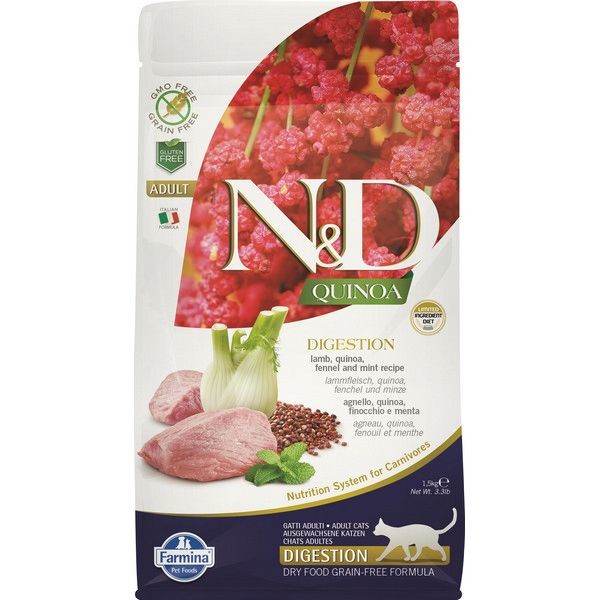 Сухой корм для кошек для поддержки пищеварения FARMINA N&D Cat Grain Free Quinoa Digestion Lamb беззерновой Ягненок Киноа 1.5 кг