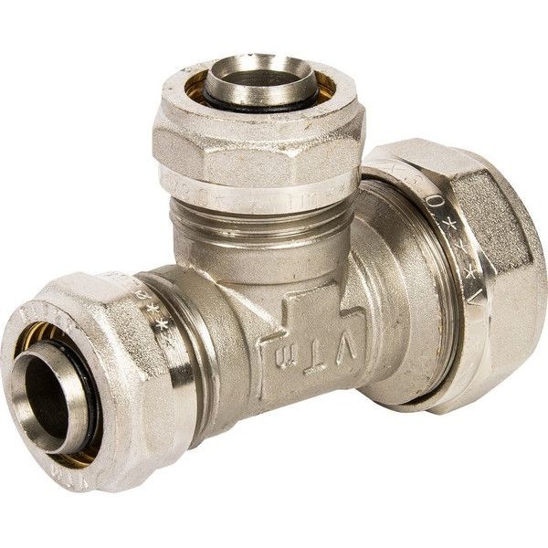 Тройник обжимной Valtec, 32x26x26 мм, никелированная латунь VTm.331.N.322626