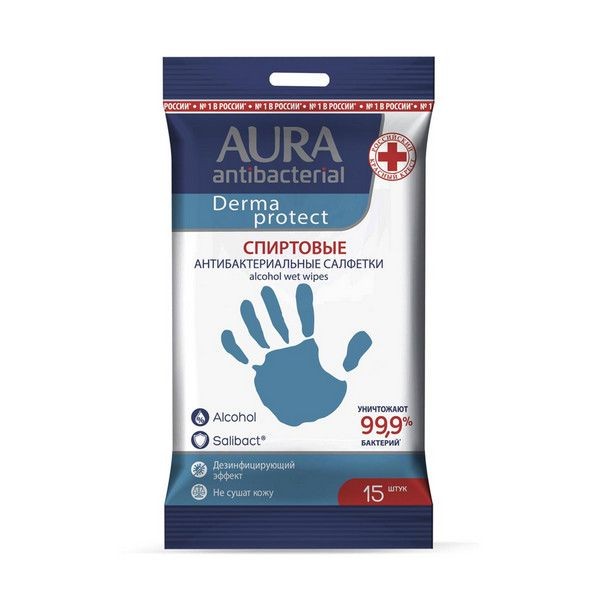 Влажные салфетки антибактериальные AURA Derma Protect, 15шт. 212539