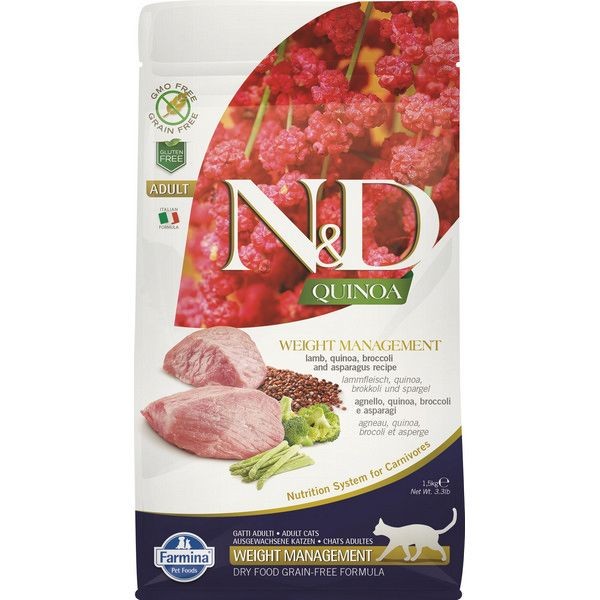 Сухой корм для кошек для контроля веса FARMINA N&D Quinoa Adult Weight Management беззерновой корм Ягненок Киноа 1.5 кг