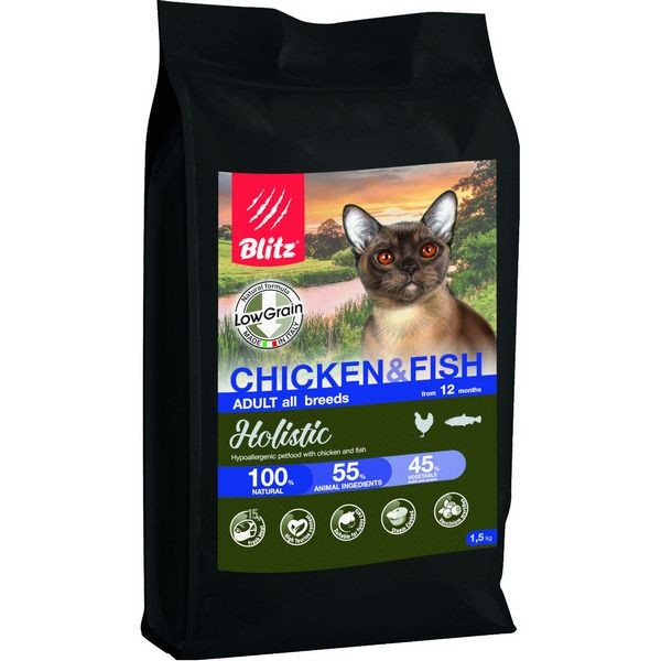 Сухой корм для кошек BLITZ Holistic 890 Adult CAT CHICKEN&FISH низкозерновой Курица и Рыба 5 кг