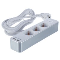 Удлинитель с заземлением на 3 розетки, 3 м, кнопка, 2 USB, цвет серебро