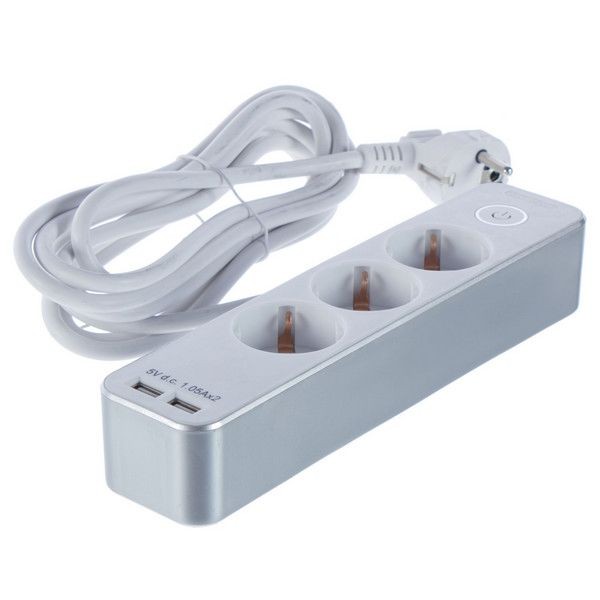 Удлинитель с заземлением на 3 розетки, 3 м, кнопка, 2 USB, цвет серебро