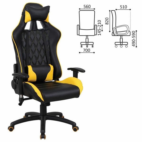 Кресло компьютерное Brabix Gt Master Gm-110, две подушки, экокожа, черное/желтое, 531927