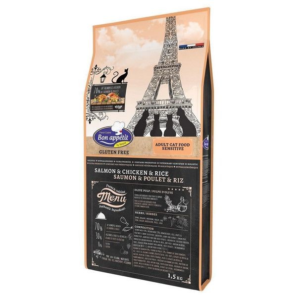 Корм сухой для чувствительных кошек Bon Appetit CAT Adult Sensitive с Лососем, Курицей и рисом 1,5кг