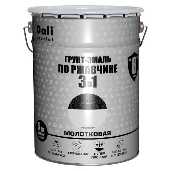 Грунт-эмаль по ржавчине 3 в 1 Dali молотковая, цвет чёрный, 5 кг