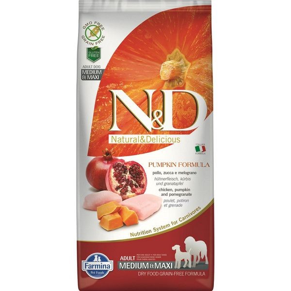 Сухой корм для собак средних и крупных пород FARMINA N&D Dog GF Pumpkin Chicken&Pomegranate Adult Medium&Maxi беззерновой Курица Гранат Тыква 12 кг