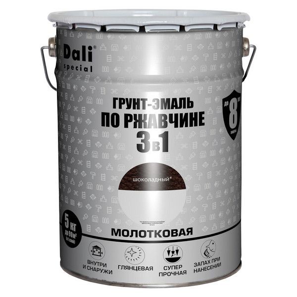 Грунт-эмаль по ржавчине 3 в 1 Dali молотковая, цвет шоколадный, 5 кг