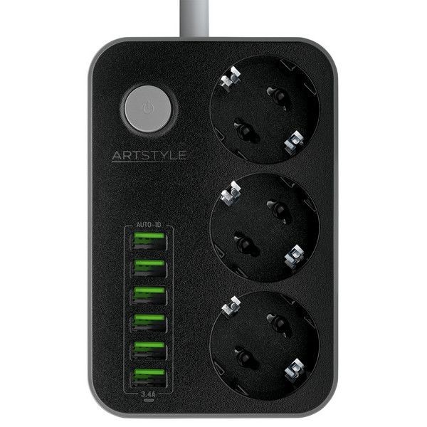 Сетевой фильтр ARTSTYLE CL-3631B черный 2200W, 3 гнезда, 6 usb-портов