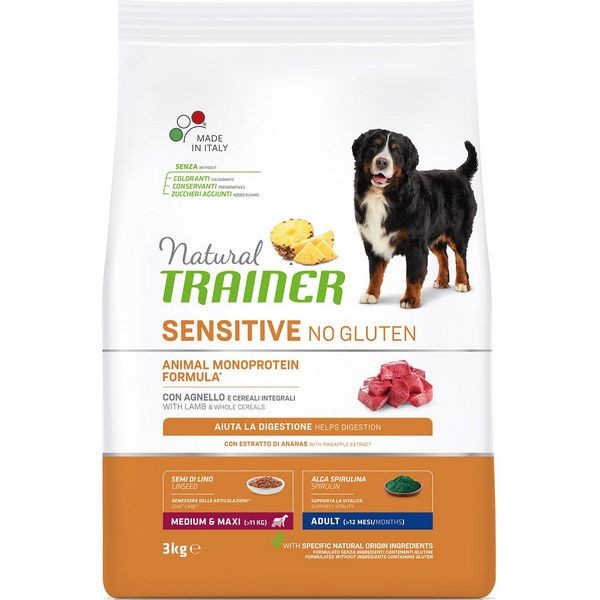 Сухой корм для взрослых собак средних и крупных пород TRAINER Natural Sensitive Medium/Maxi без глютена Ягненок 3 кг