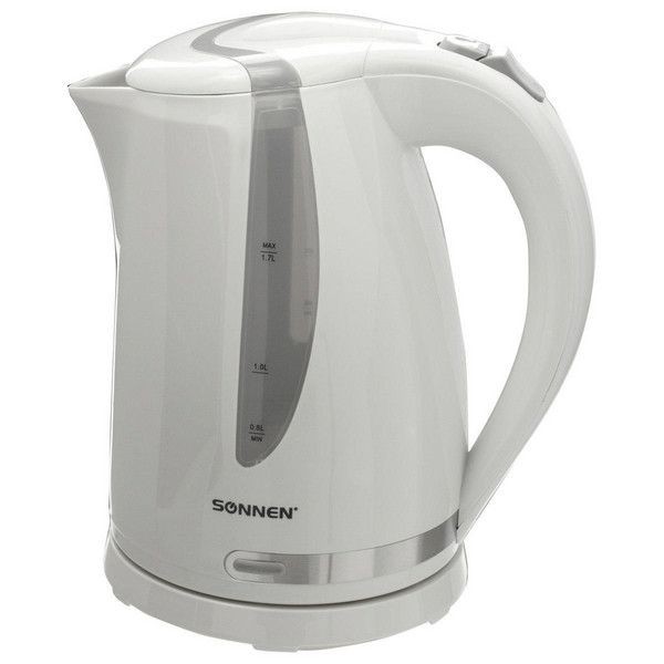 Электрический чайник SONNEN KT-1743, 1,7 л, 2200 Вт, закрытый нагревательный элемент, пластик, белый, 453414