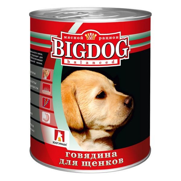 Влажный корм для собак БигДог (BigDog), Говядина для щенков, 850г