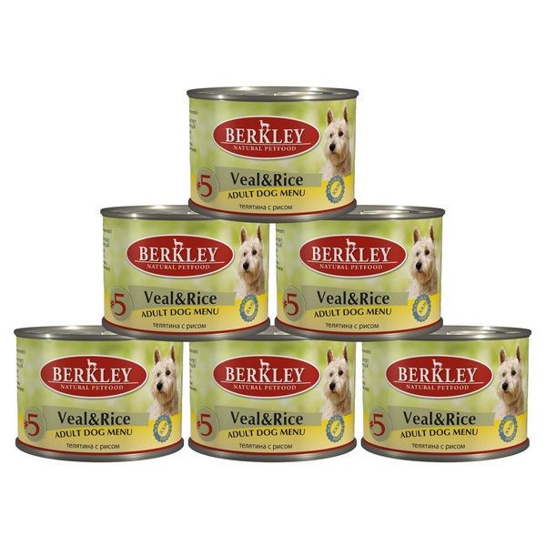 Консервы Berkley Adult Dog Menu для Собак телятина с рисом №5 200г (6 шт.)