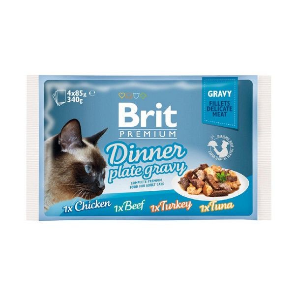 Влажный корм для кошек BRIT Premium Dinner Plate Gravy набор паучей Кусочки в соусе 85 г, 4 шт.