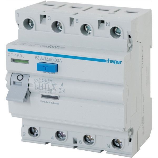 УЗО Hager 4 полюса 63 А, 30 мА CD463j