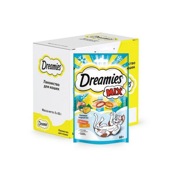 Лакомство Dreamies MIX для взрослых кошек, с лососем и сыром, 6 шт по 60г