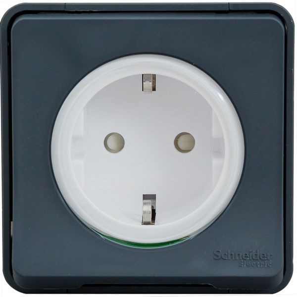 Розетка накладная влагозащищённая Schneider Electric Mureva Styl с заземлением, со шторками, IP55, цвет антрацит
