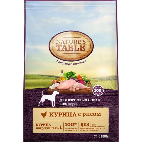 Сухой корм для взрослых собак всех пород Nature’s Table Курица с рисом, 800 г