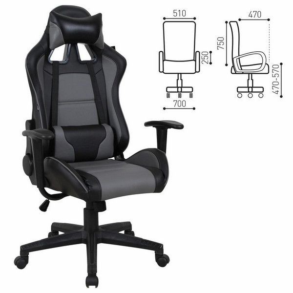 Кресло компьютерное Brabix Gt Racer Gm-100, две подушки, экокожа, черное/серое, 531926