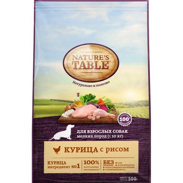 Сухой корм для взрослых собак мелких пород Nature’s Table Курица с рисом, 500 г