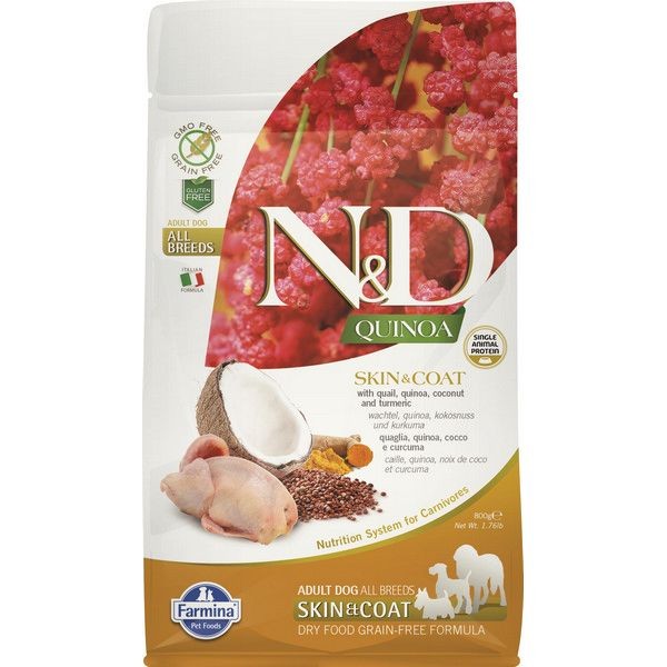 Сухой корм для собак для здоровья кожи и шерсти FARMINA N&D беззерновой Перепел с Киноа 800 г