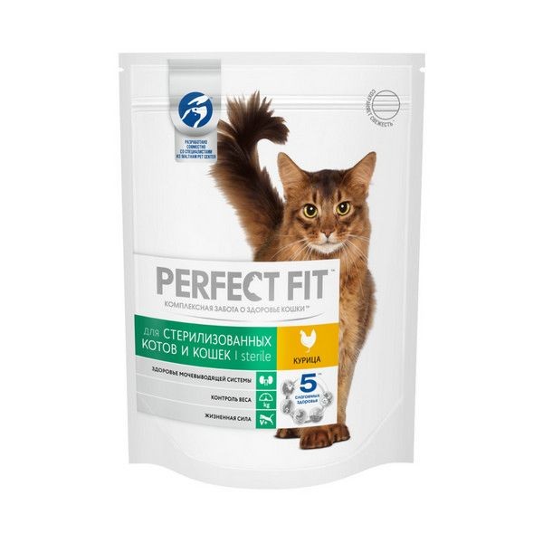 Сухой полнорационный корм PERFECT FIT для стерилизованных котов и кошек, с курицей, 190г