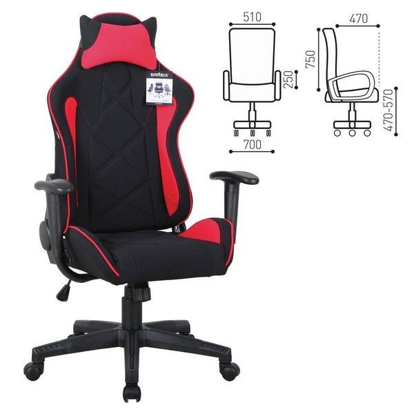 Кресло компьютерное Brabix Gt Racer Gm-101, подушка, ткань, черное/красное, 531820