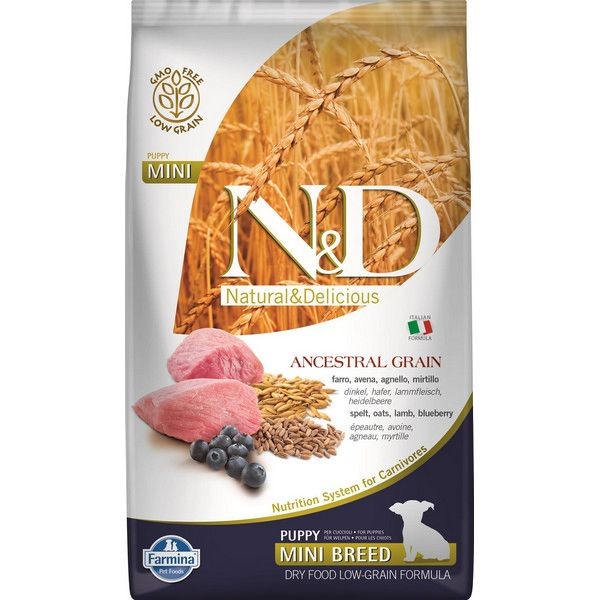 Сухой корм для щенков мини пород FARMINA N&D Ancestral Grain Lamb&Blueberry Puppy Mini низкозерновой Ягненок Черника 2.5 кг