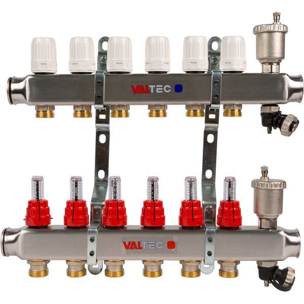Коллекторная группа Valtec со встроенными расходомерами, 1 "34;х3/4 "34;, 6 выходов, евроконус VTc.586.EMNX.0606