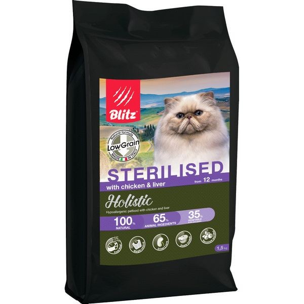 Сухой корм для стерилизованных кошек BLITZ Holistic 893 CAT CHICKEN&LIVER FOR STERILISED низкозерновой Курица и Печень 5 кг