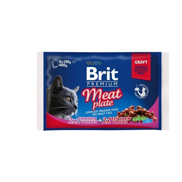Влажный корм для кошек BRIT Premium Мясная тарелка Говядина Горошек Курица Индейка 100 г, 4 шт.