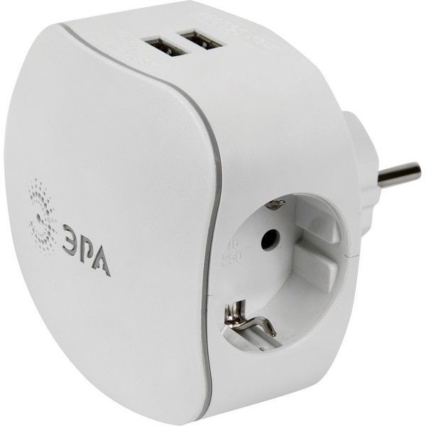 Тройник Эра с USB с заземлением, 5 гнезд, цвет белый