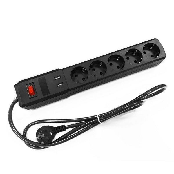 Удлинитель с заземлением, 5 розеток, 3 м, 3500 Вт, выключатель, USB, цвет черный
