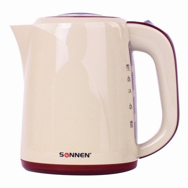 Электрический чайник SONNEN KT-002, 1,7 л, 2200 Вт, закрытый нагревательный элемент, пластик, бежевый/красный, 451711
