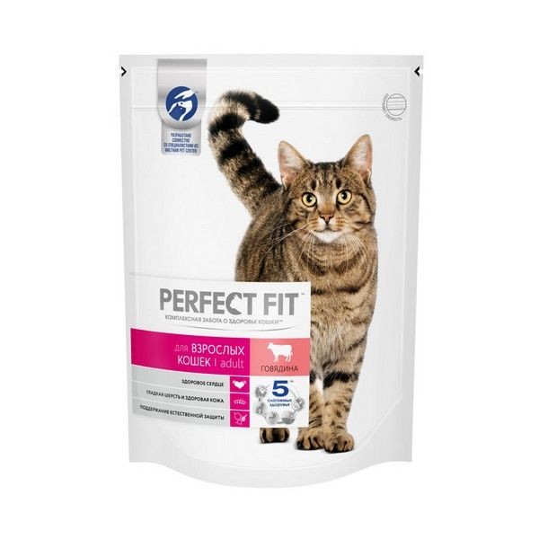 Сухой полнорационный корм PERFECT FIT для взрослых кошек, с говядиной, 650г
