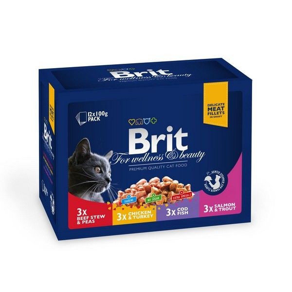 Влажный корм для кошек BRIT Premium Семейная тарелка Говядина Курица Треска Лосось 100 г, 12 шт.