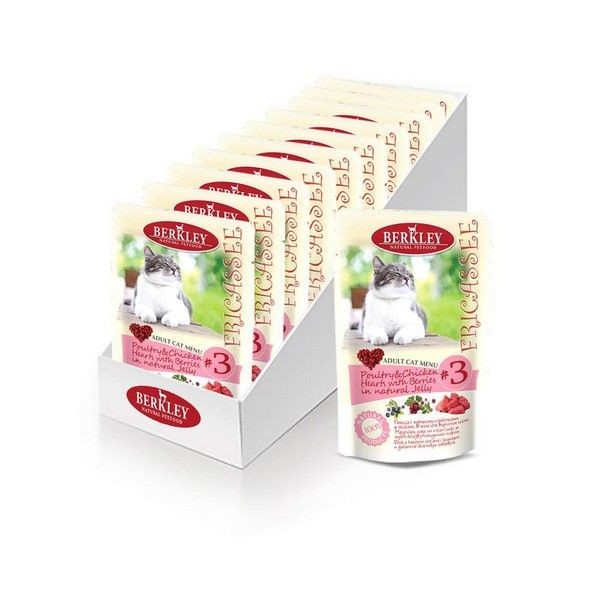 Влажный корм Berkley Adult Cat Фрикассе паучи для Кошек птица с куриными сердечками кусочки в желе 100г х 12 шт