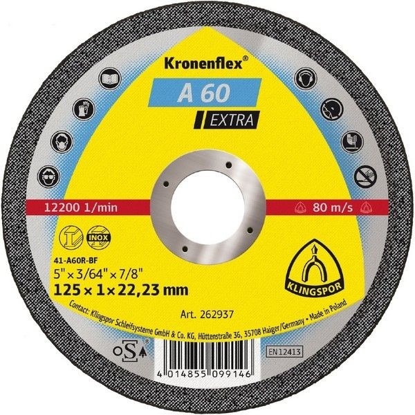 Отрезной круг Klingspor Kronenflex Extra A 60 EX, прямой, 125 x 1 мм, 25 шт, 262937 25 шт