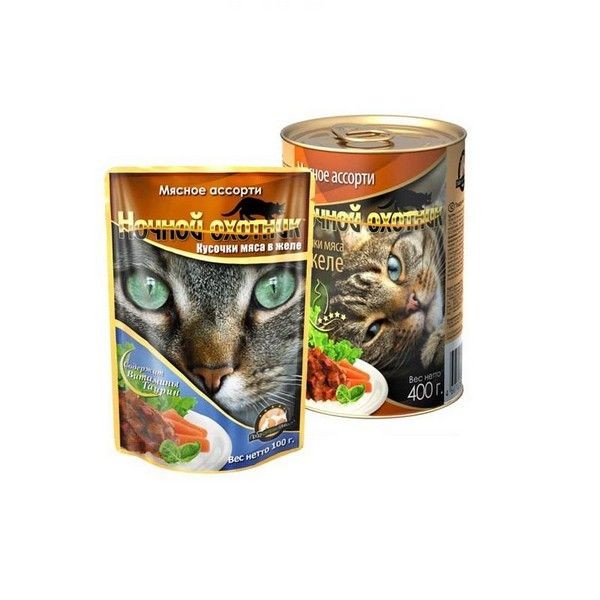 Консервы для кошек Ночной охотник кошек Мясное ассорти кусочки в желе 415гр