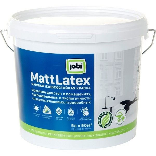 Краска для стен и потолков Jobi «Mattlatex», база А, 5 л