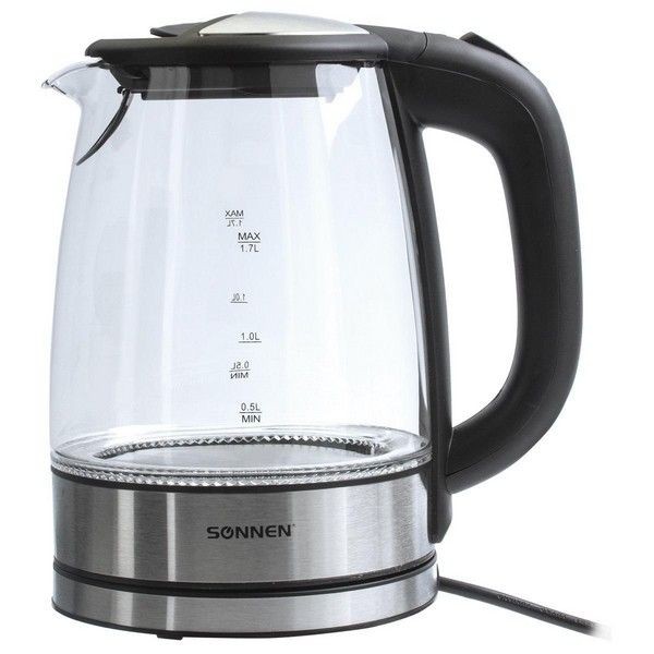 Электрический чайник SONNEN KT-1788, 1,7 л, 2200 Вт, закрытый нагревательный элемент, стекло, черный, подсветка, 454349