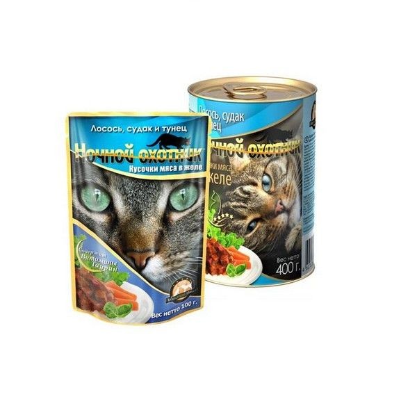 Консервы для кошек Ночной охотник кошек Морской коктейль кусочки в желе 415гр