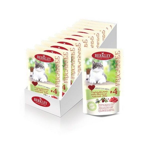 Влажный корм Berkley Adult Cat Фрикассе паучи для Кошек индейка с ягненком кусочки в желе 100г х 12 шт