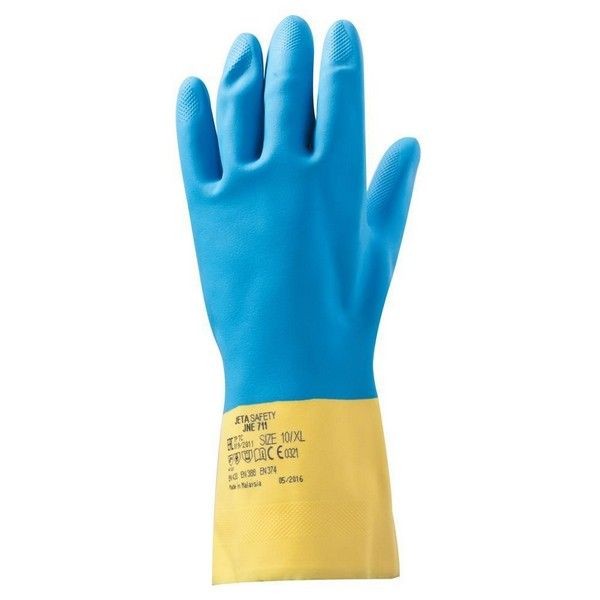 Перчатки неопреновые Jeta Safety химически стойкие, с хлопковым напылением, желто-голубые JNE711-M (1пара)