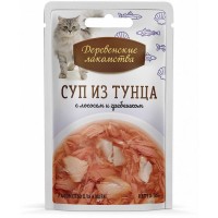 Деревенские лакомства 74501193/01193/77006 Консервы д/кошек Суп из тунца с лососем и гребешком ПАУЧ 35гр х 15шт.