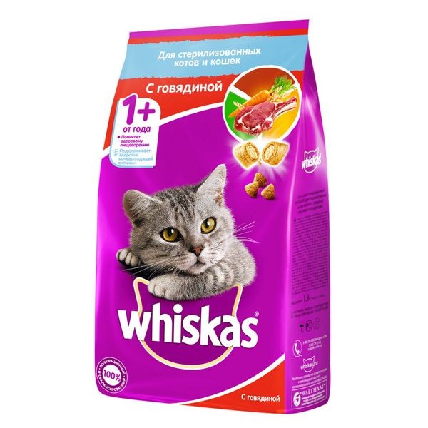Сухой корм WHISKAS для стерилизованных кошек, с говядиной и вкусными подушечками, 1,9кг