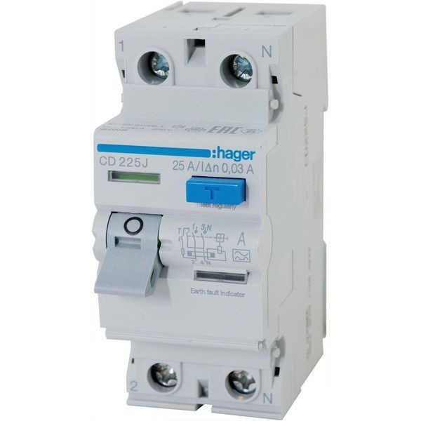 УЗО Hager 2 полюса 25 А, 30 мА CD225j