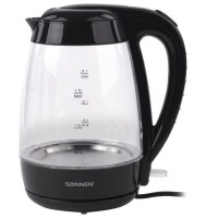 Электрический чайник SONNEN KT-200BK, 1,7 л, 2200 Вт, закрытый нагревательный элемент, стекло, подсветка, черный, 451709